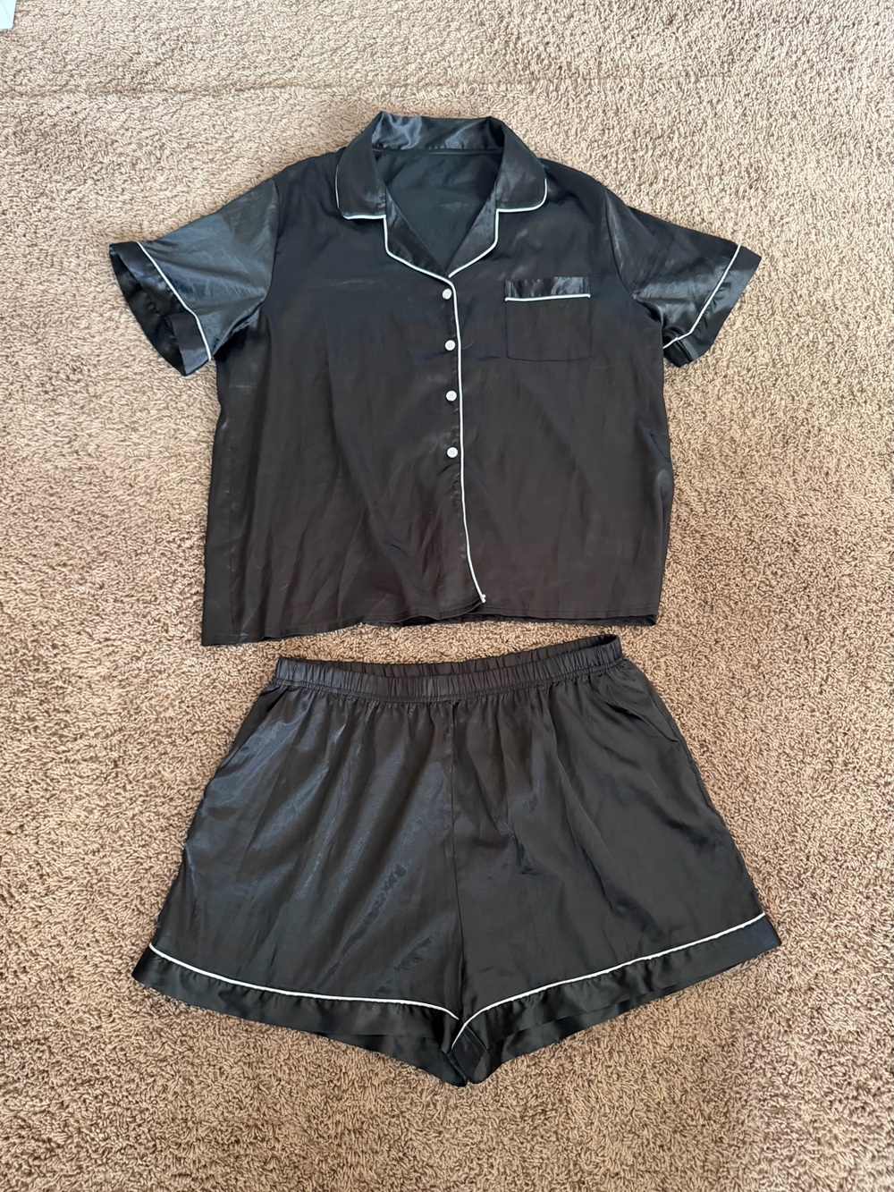 Black Satin Short Pajama Set with White Piping